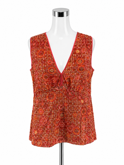 Etcetera Silk Blend Mosaic Print Tassel Tie V-Neck Tank Top Size 16