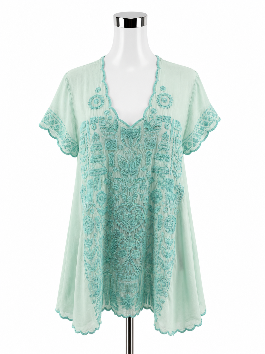 Johnny Was Shiro Aqua Embroidered Flutter Sleeve Tunic Top | Size XS