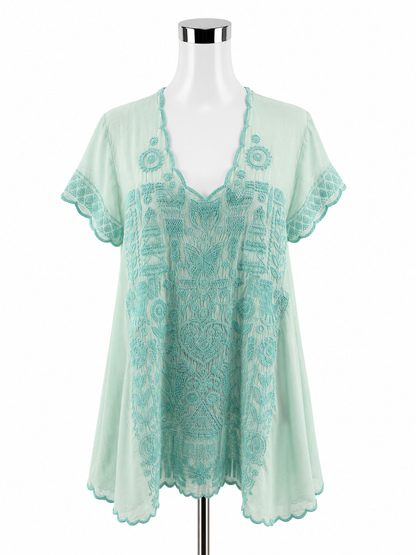 Johnny Was Shiro Aqua Embroidered Flutter Sleeve Tunic Top | Size XS