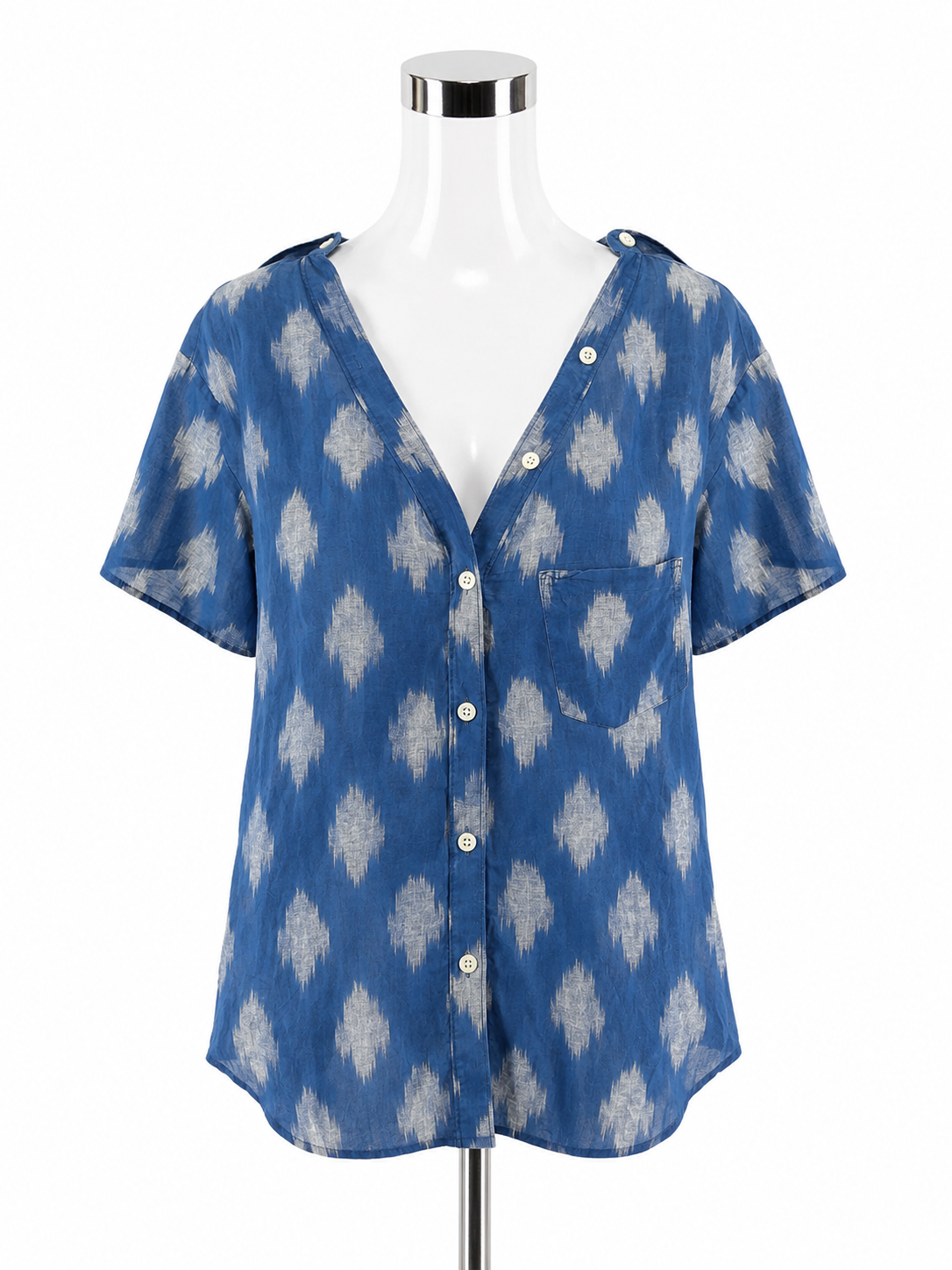 Theory Tamalee Ikat Print Cotton Silk Blouse Blue White Top Size Small