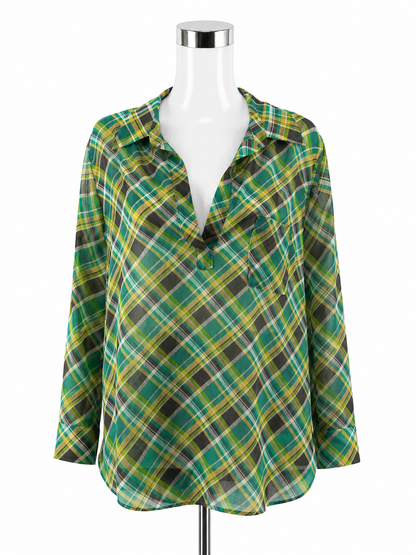 Pleione Plaid Roll-Tab Sleeve V-Neck Tunic Blouse Green Yellow | Size Large