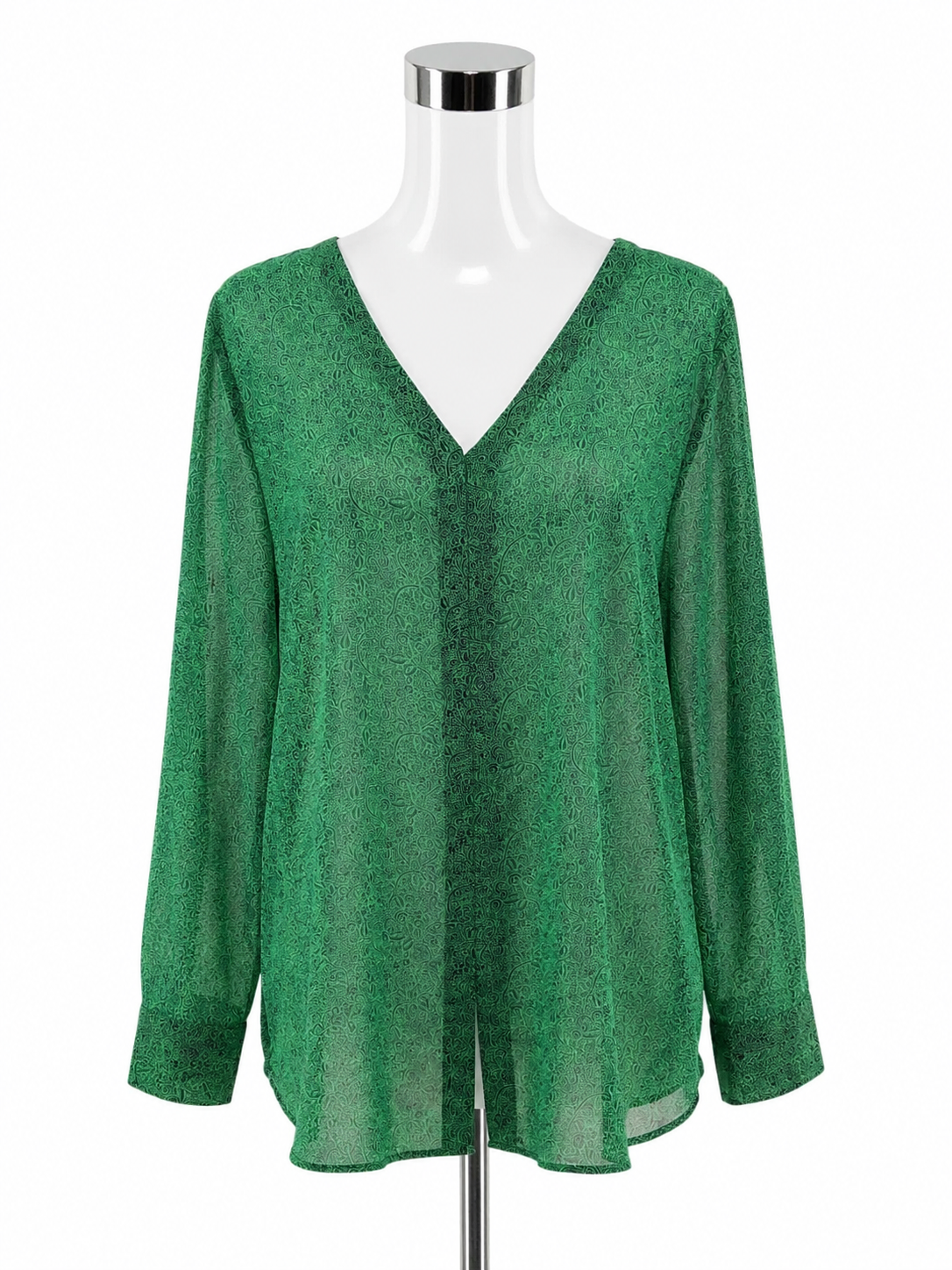 cabi Whistle Blouse Emerald Paisley V-Neck Sheer Top Green Navy Size Medium