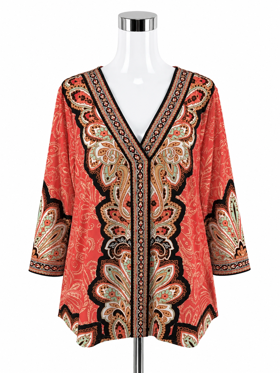 JM Collection Paisley Border Print Tunic Top XL Orange Multi V-Neck 3/4 Sleeve
