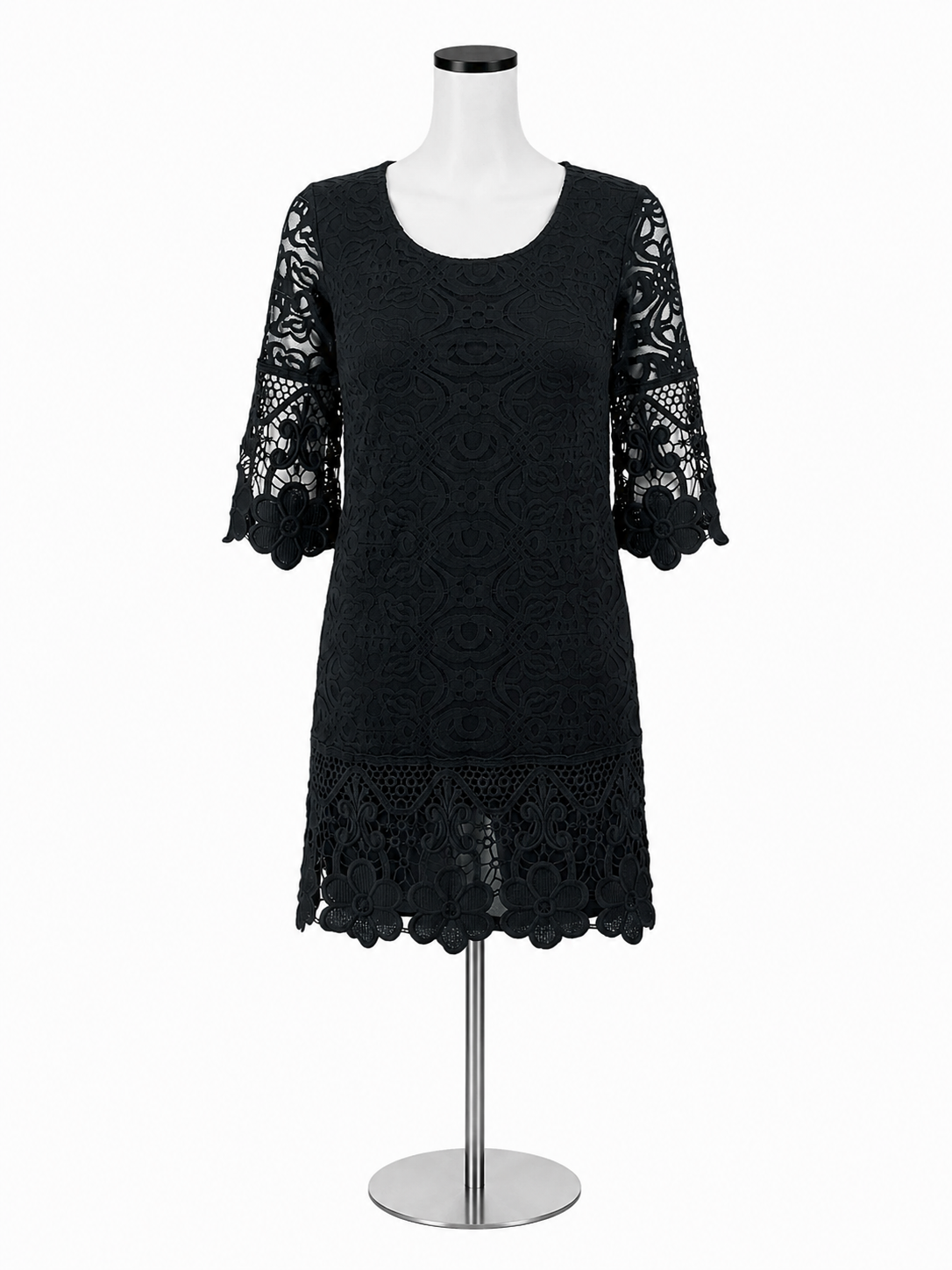 Alfani Petite Black Crochet Lace Bell Sleeve Tiered Mini Dress PP