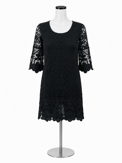 Alfani Petite Black Crochet Lace Bell Sleeve Tiered Mini Dress PP