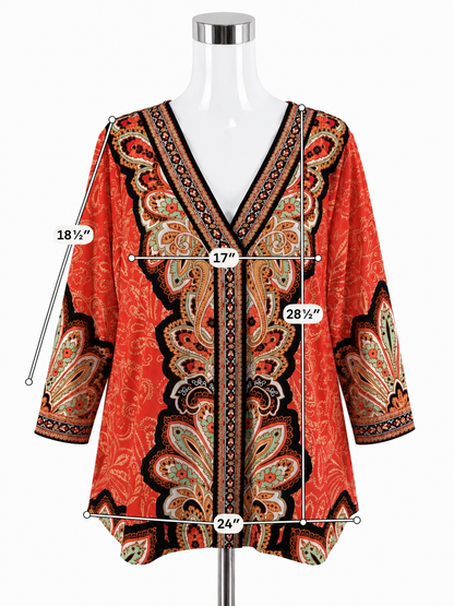 JM Collection Paisley Border Print Tunic Top XL Orange Multi V-Neck 3/4 Sleeve