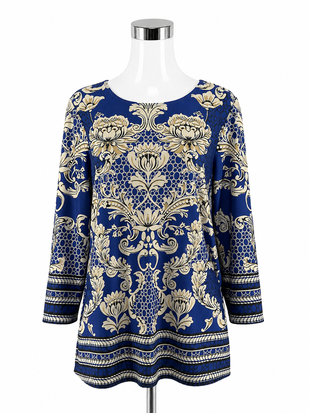 Sunny Leigh Blue Tan Baroque Floral Print Tunic Top Size XL