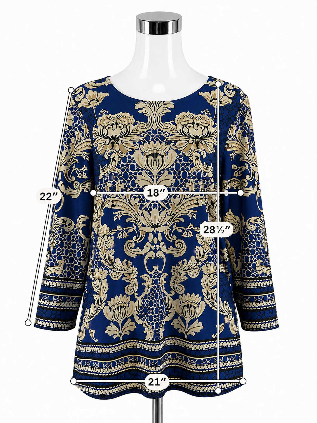 Sunny Leigh Blue Tan Baroque Floral Print Tunic Top Size XL