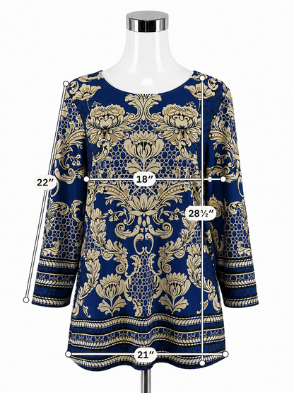 Sunny Leigh Blue Tan Baroque Floral Print Tunic Top Size XL