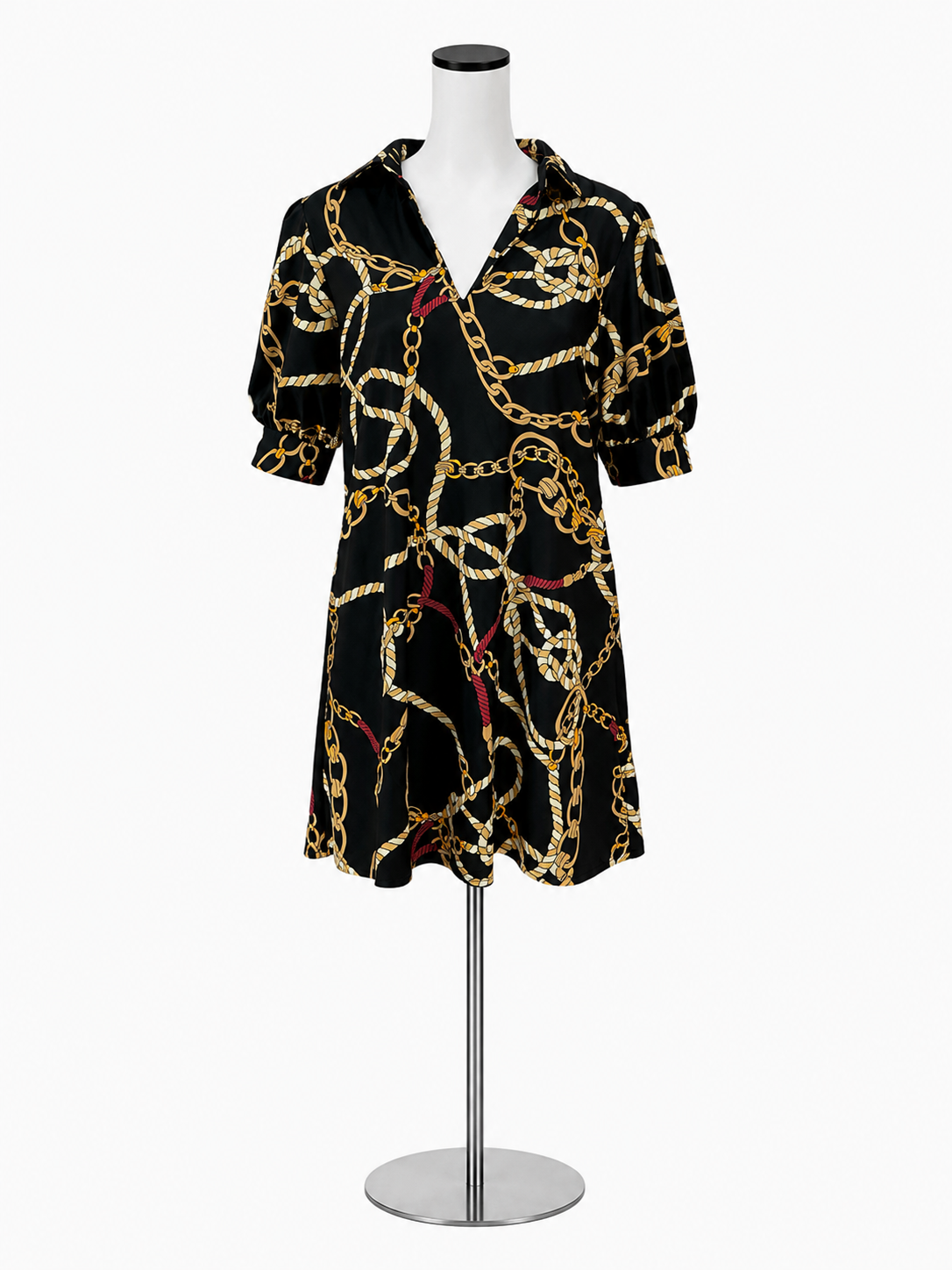 Jude Connally Chain Print V-Neck A-Line Dress Black Size Medium