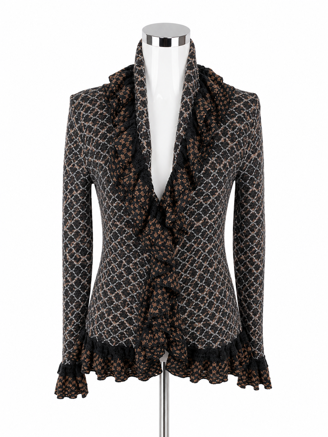 Yvos Geometric Jacquard Ruffle Trim Open Front Cardigan Shrug Size Small