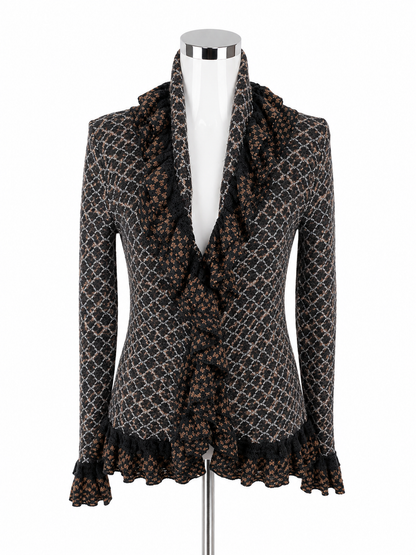 Yvos Geometric Jacquard Ruffle Trim Open Front Cardigan Shrug Size Small