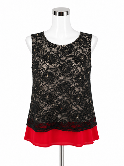 Ann Taylor Black Floral Lace Sequin Top Red Hem Size 6