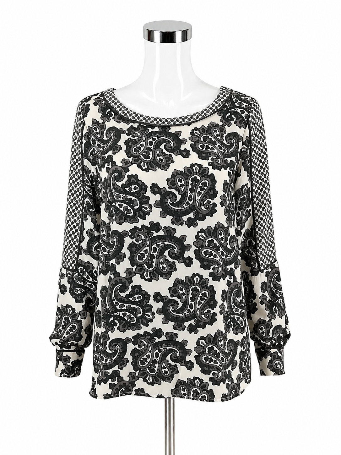Ann Taylor LOFT Paisley Print Long Sleeve Blouse Black White Gray XS