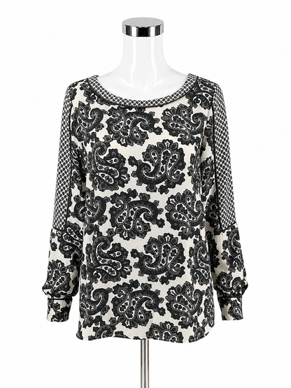 Ann Taylor LOFT Paisley Print Long Sleeve Blouse Black White Gray XS