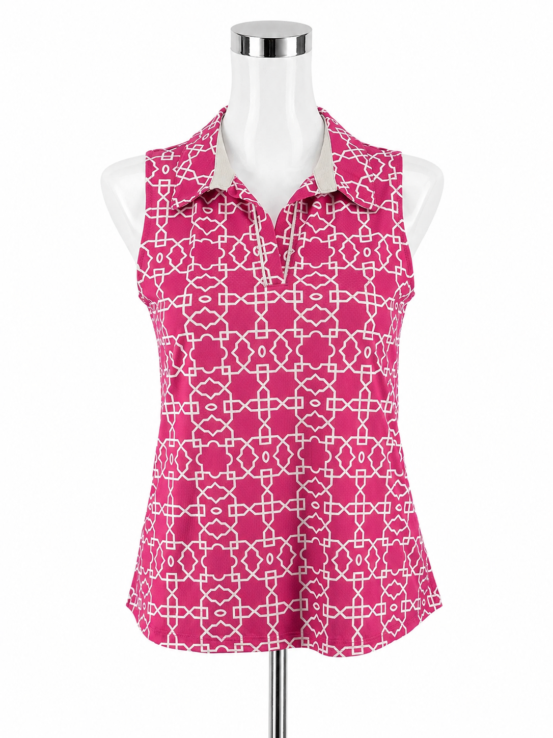 by Gottex Geometric Print Sleeveless Polo Tank Top Pink White Size Small