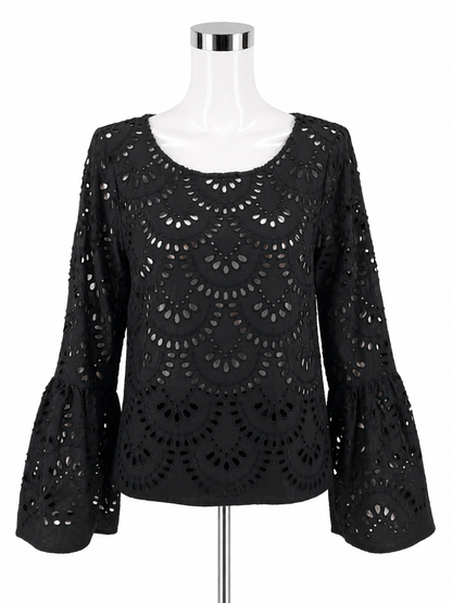 Karen Kane Eyelet Tiered Bell Sleeve Top Black Size Small