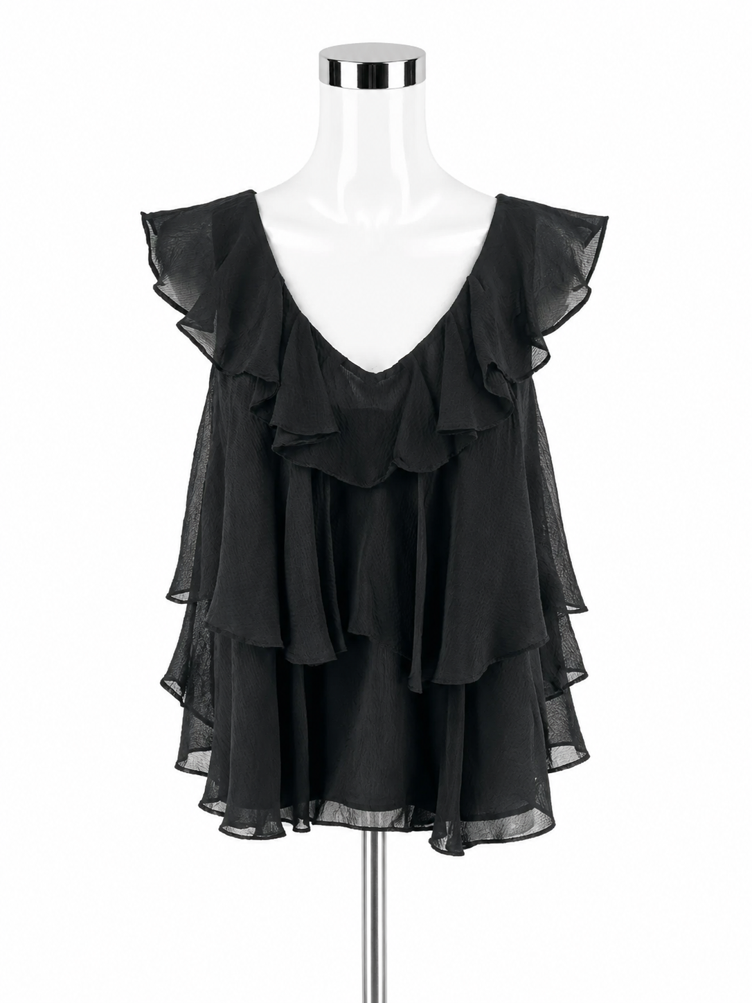 Twelfth Street by Cynthia Vincent Black Silk Cascading Ruffle Top Size 4