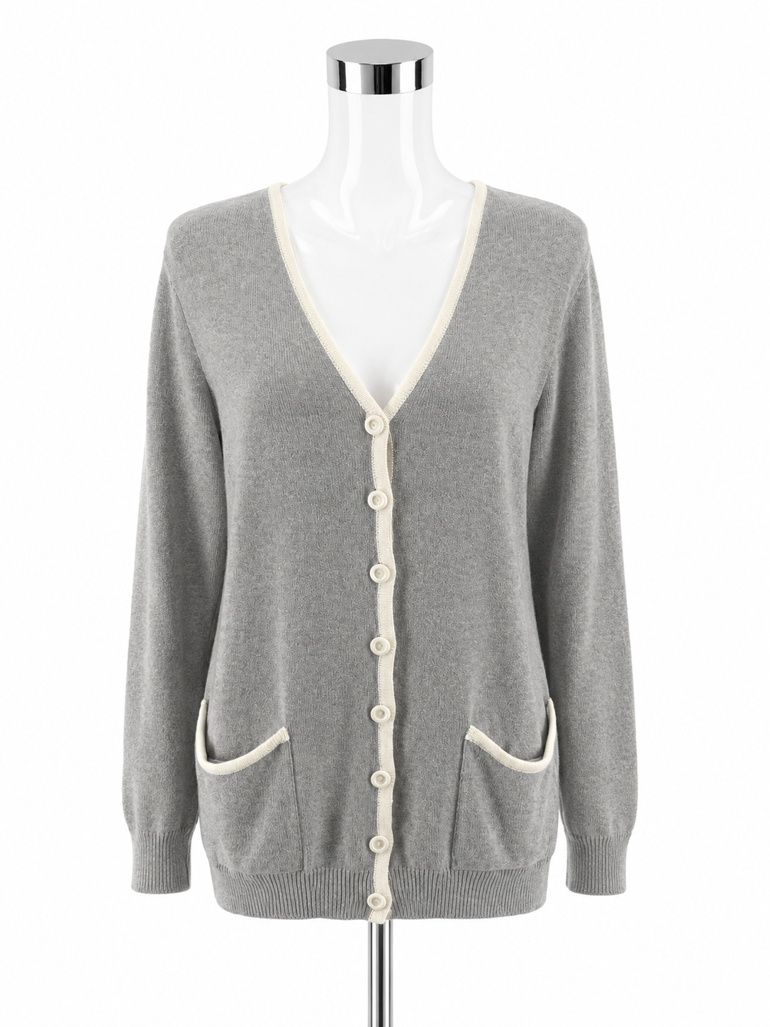 St. John Sport by Marie Gray V-Neck Cardigan Sweater Heather Gray White Size Small