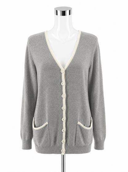 St. John Sport by Marie Gray V-Neck Cardigan Sweater Heather Gray White Size Small