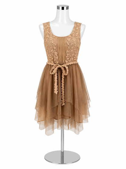 Ryu Taupe Embroidered Mesh Tiered Tulle Dress | Size Small