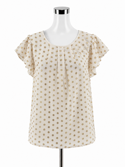 Amadi Gold Metallic Polka Dot Flutter Sleeve Blouse Size Small