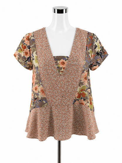 En Elle Floral Mixed-Print Peplum Blouse Size Small