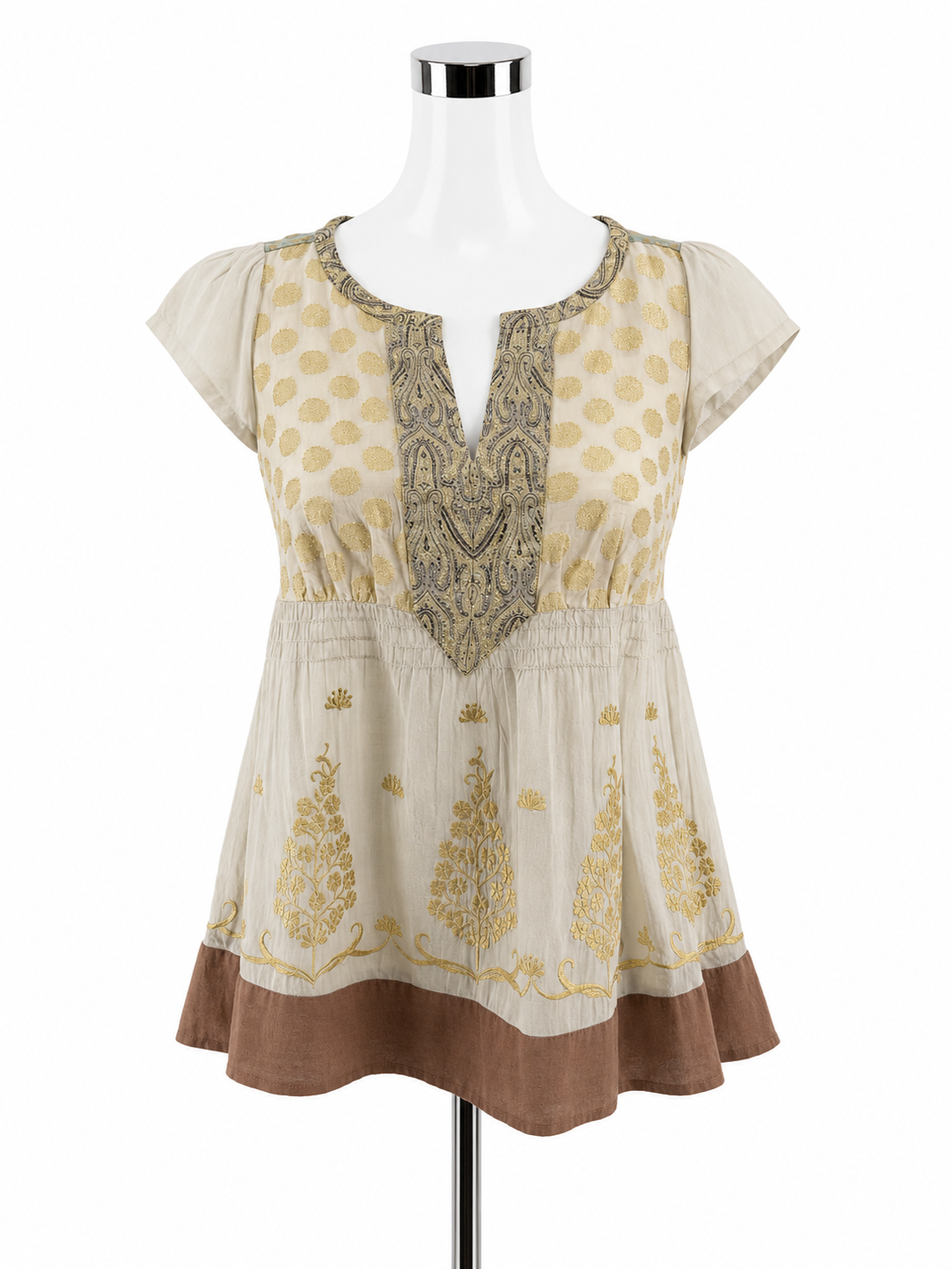 Floreat Anthropologie Gold Embroidered Boho Peplum Tunic Top Size 2
