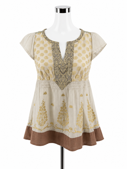 Floreat Anthropologie Gold Embroidered Boho Peplum Tunic Top Size 2