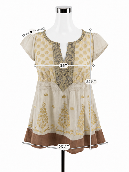 Floreat Anthropologie Gold Embroidered Boho Peplum Tunic Top Size 2