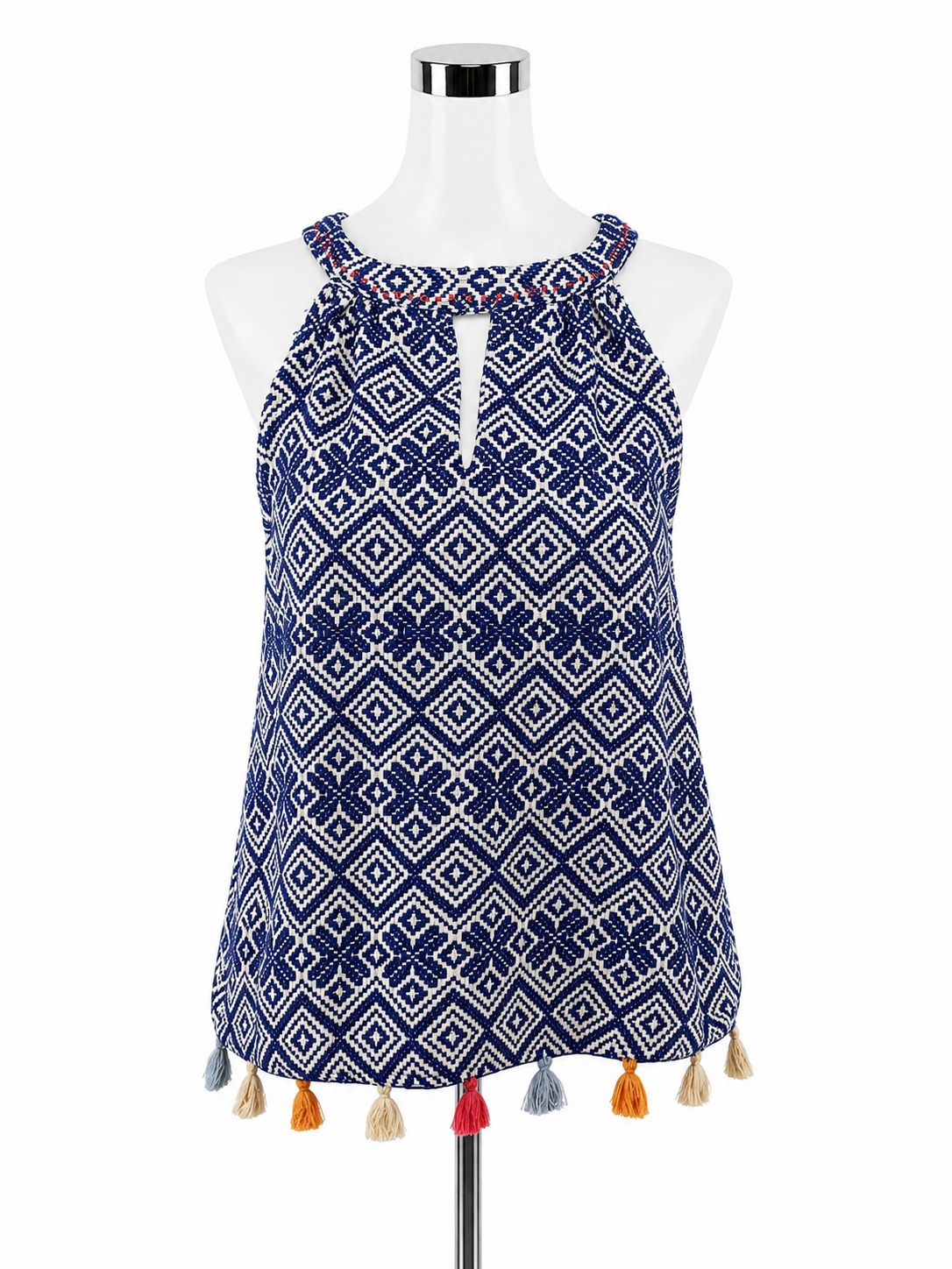 THML Geometric Fringe Hem Halter Top Blue White Boho XS