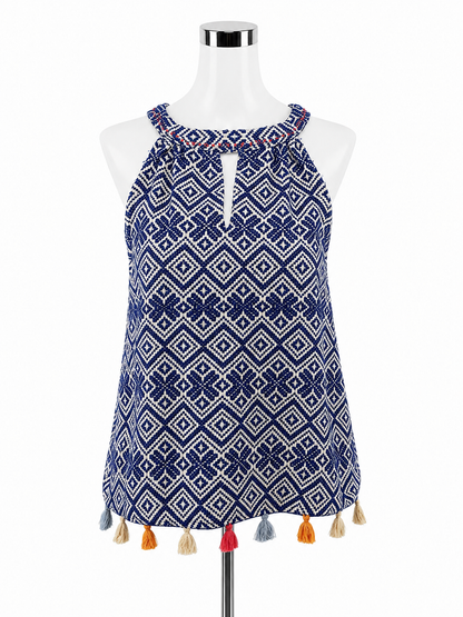 THML Geometric Fringe Hem Halter Top Blue White Boho XS