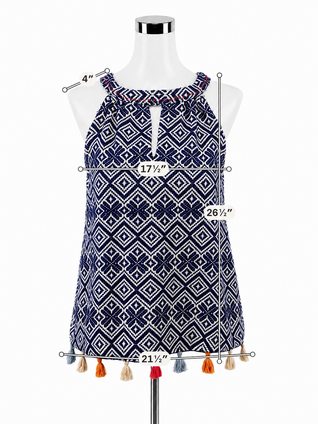 THML Geometric Fringe Hem Halter Top Blue White Boho XS