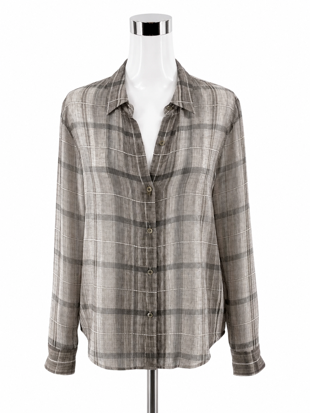 Theory Biddy Lattice Plaid 100% Silk Button Down Blouse Gray Size P Petite