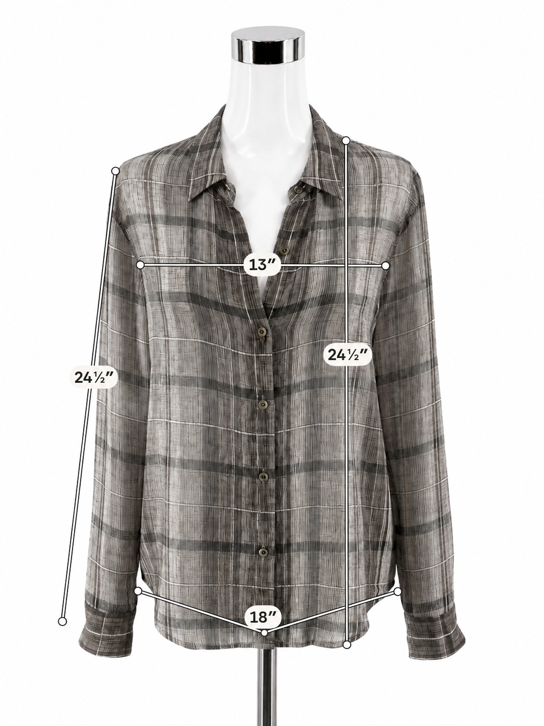Theory Biddy Lattice Plaid 100% Silk Button Down Blouse Gray Size P Petite