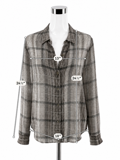 Theory Biddy Lattice Plaid 100% Silk Button Down Blouse Gray Size P Petite