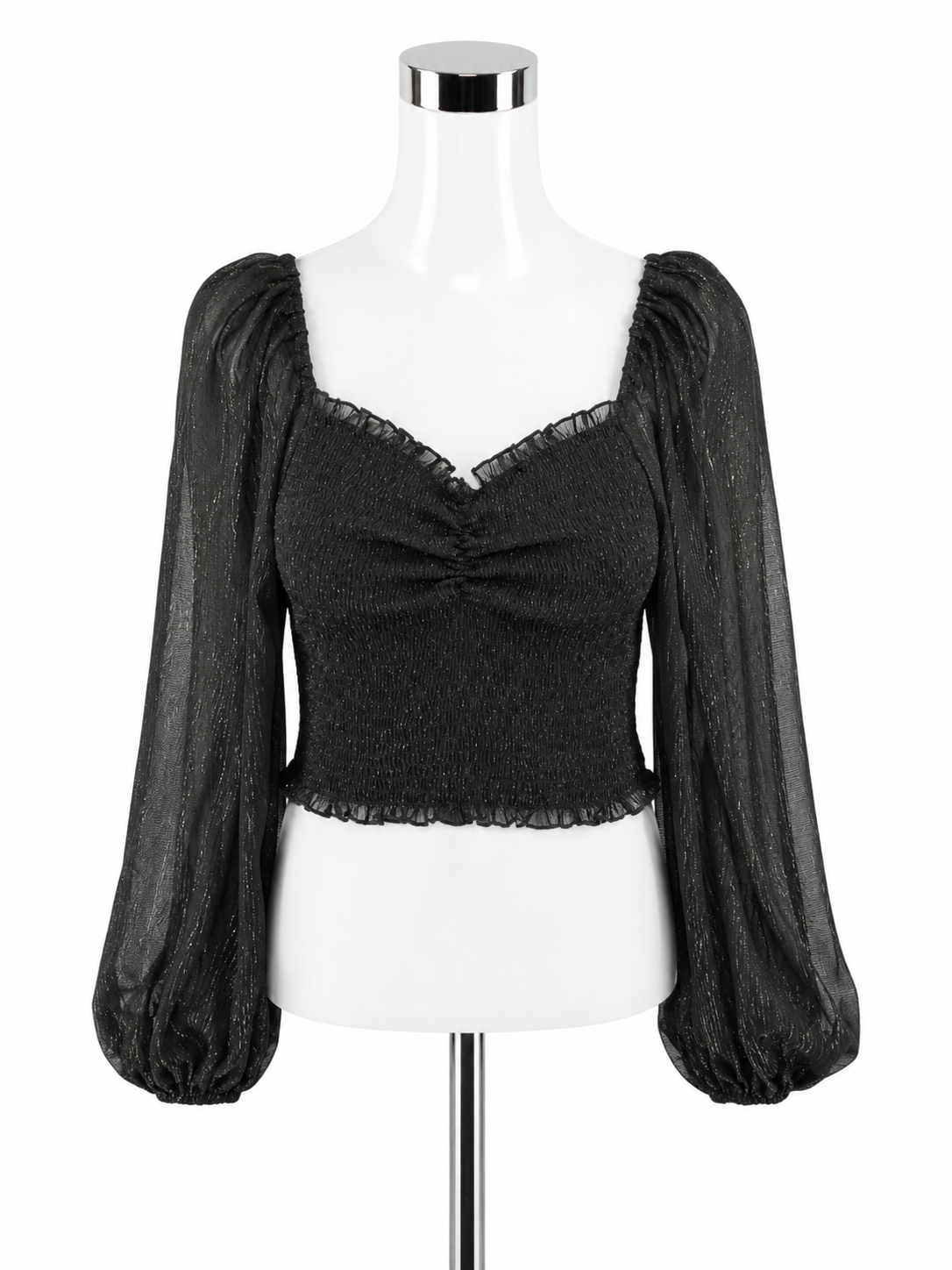 Hyfve Ruffled Smocked Metallic Off Shoulder Crop Top Black Size Medium