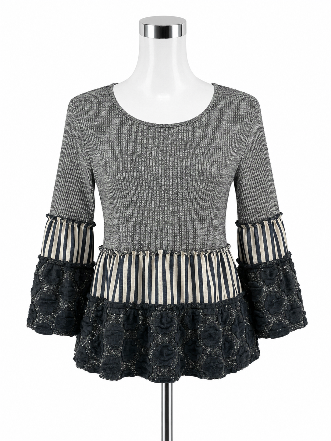 THML Mixed Media Striped Tiered Bell Sleeve Top Size Small