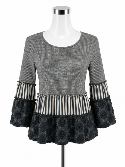 THML Mixed Media Striped Tiered Bell Sleeve Top Size Small