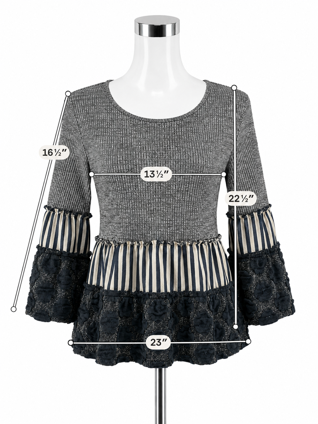 THML Mixed Media Striped Tiered Bell Sleeve Top Size Small