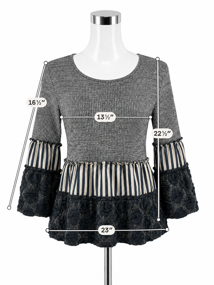 THML Mixed Media Striped Tiered Bell Sleeve Top Size Small