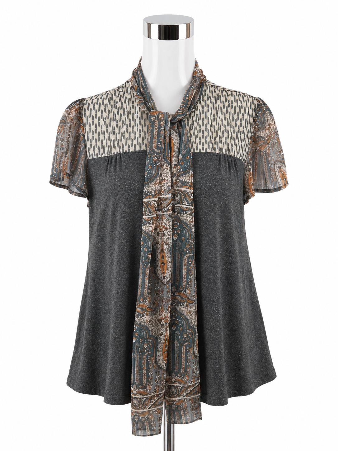 Tiny Anthropologie Mixed Media Tie Neck Flutter Sleeve Blouse Top XS