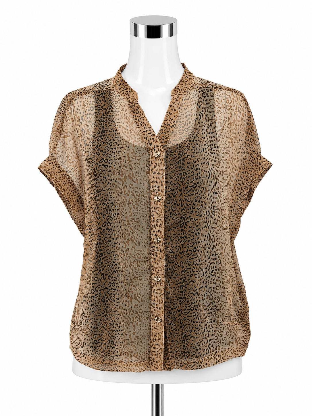 Blu Pepper Leopard Print Sheer Roll Tab Sleeve Blouse Top Brown Size Large