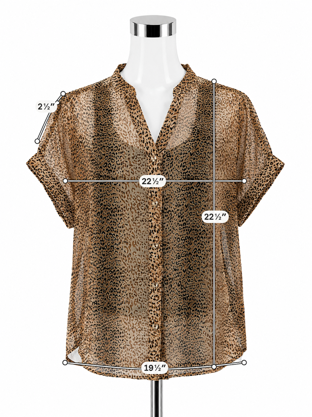 Blu Pepper Leopard Print Sheer Roll Tab Sleeve Blouse Top Brown Size Large
