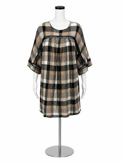 Maeve Anthropologie Plaid Flutter-Sleeve Tunic Dress Size Medium Black Tan Check