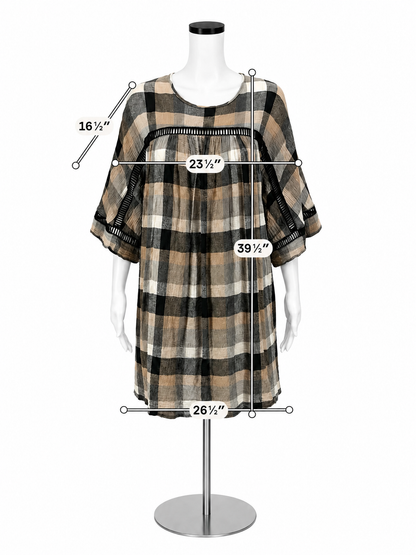 Maeve Anthropologie Plaid Flutter-Sleeve Tunic Dress Size Medium Black Tan Check