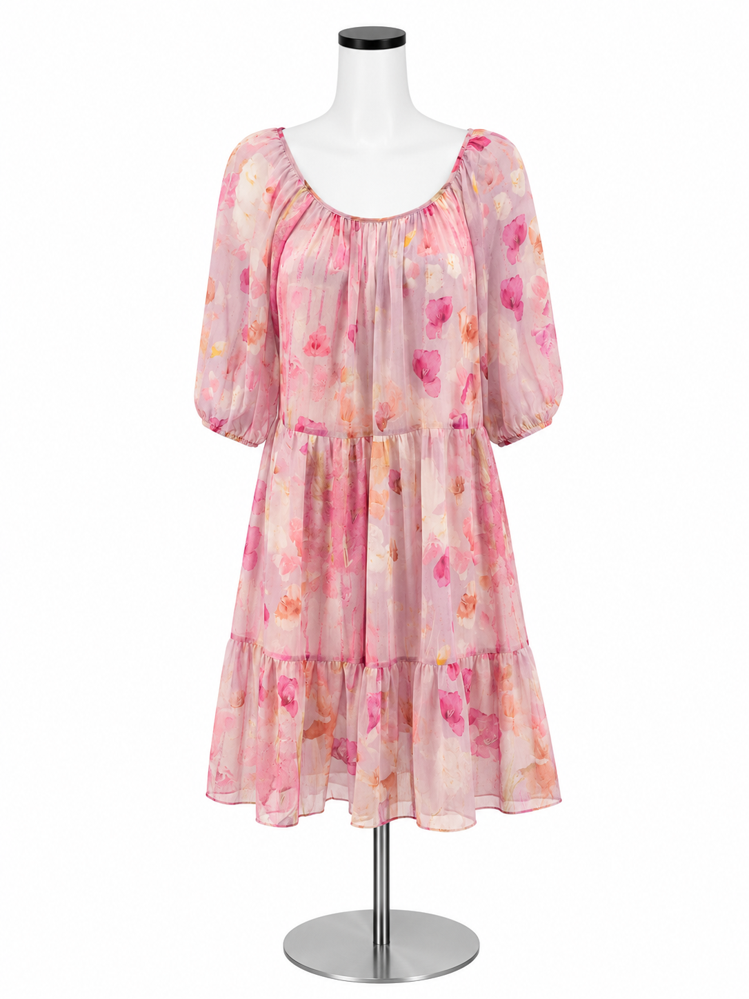 Melloday Pink Floral Tiered Puff Sleeve Midi Dress | Size Large