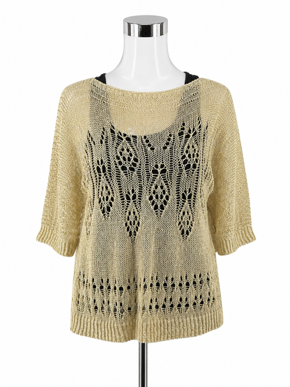 Moth Anthropologie Lace Knit Top XS Beige Metallic Open-Knit Pullover Sweater