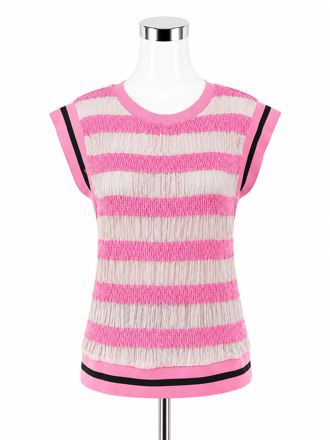 Voy Pink &amp; Ivory Striped Mixed Media Tencel Blend Cap Sleeve Top Size Large