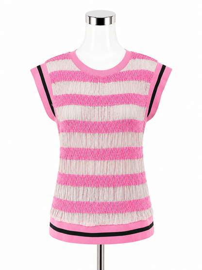Voy Pink &amp; Ivory Striped Mixed Media Tencel Blend Cap Sleeve Top Size Large